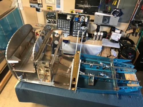 Left view of the fuselage assembly with floor ribs/assembly clecoed together