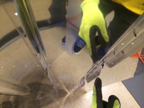 Stiffiners clecoed into place on bottom side of tank skins