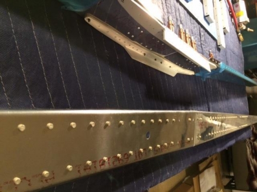 Rear Spar assembly looking at the forward rivet detail.  close up of the fromt spar assembly support