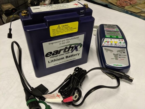 My new EarthX ETX680 lithium battery, and Optimate 5 amp charger
