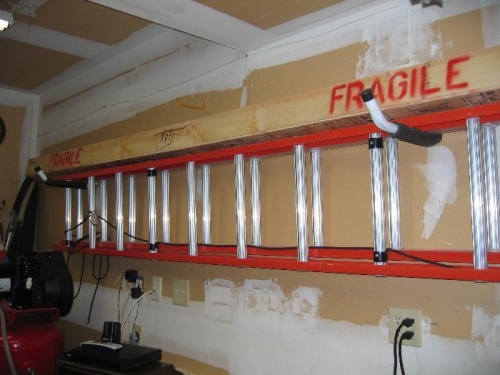 Long crate stored on top of ladder