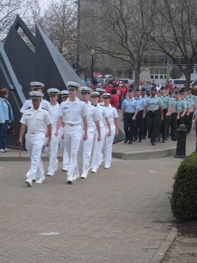 Marching into the stadium, Brad is the first AFROTC cadet