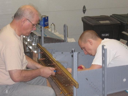 Bob & Brad riveting the inboard seat rib to the aft center section bulkhead