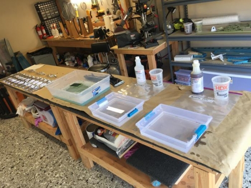 Left to right: Wash basin, then Alumiprep 33 acid etch, then Alodine.