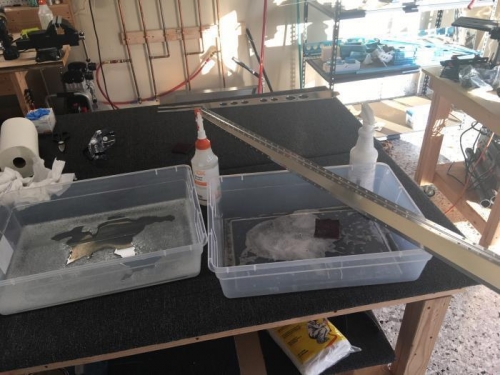 First basin is dish soap and water.  Second is used for PreKote scrub.