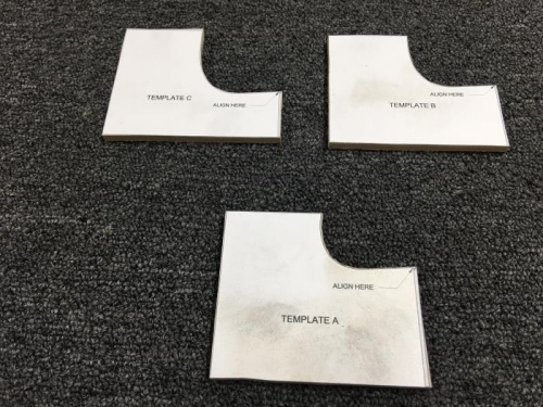 Templates made from 1/4 in. thick MDF to check the rolled leading edge of the rudder.