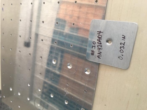 Test dimple coupon and my first countersinked holes.  C/S is way too deep.  Coupon wiggles around.