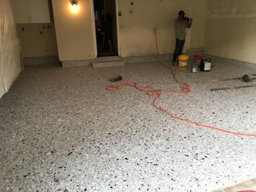 Base coat down and flakes laid.  Epoxy topcoat still needs to be applied.