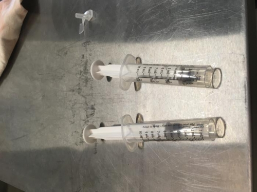 syringes used for measuring epoxy by volume (3:2)