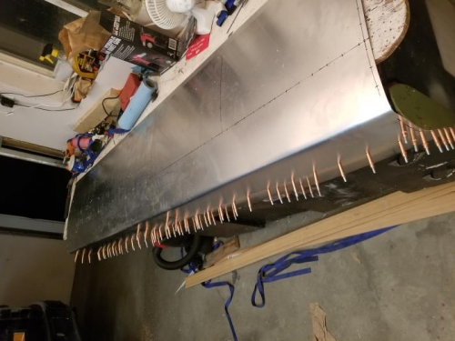 Drilled/clecoed bottom skin in place, and marked out rivet locations for top skin