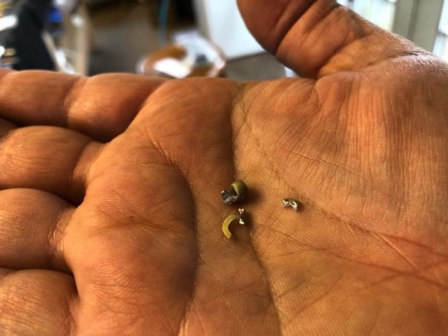 Drilled out unsatisfactory rivets