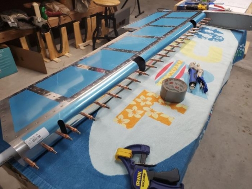 Left elevator leading edge rolled and clecoed