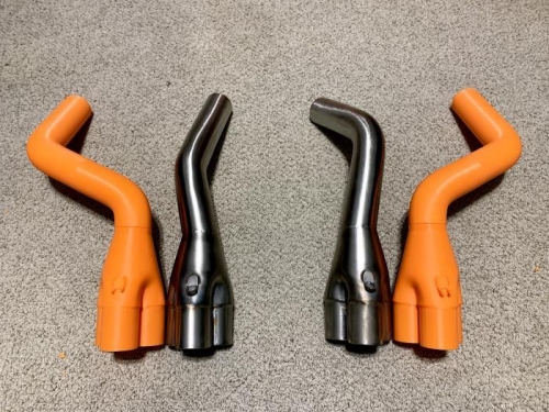 Final adjustable 3D exhaust pipe assembly models beside originals.