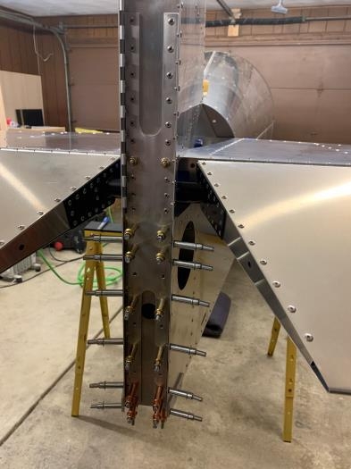 Vertical stabilizer installed and clecoed in place.