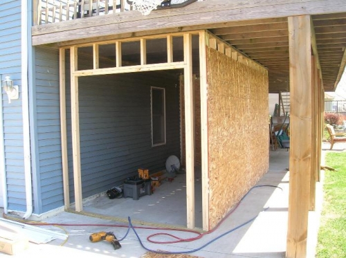 Framed area with plywood sheeting.