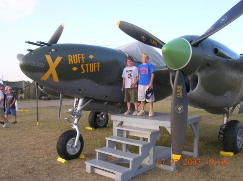Tanner and Colten with a P-38 Lightning.