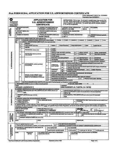 FAA Form 8130-6 submitted