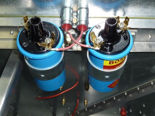 Twin condensers in place and wired