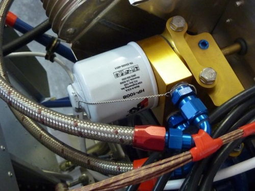 New oil filter safety wired in place