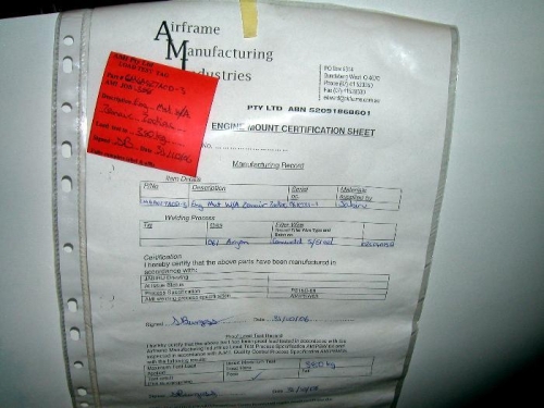 Engine mount load test certification sheet
