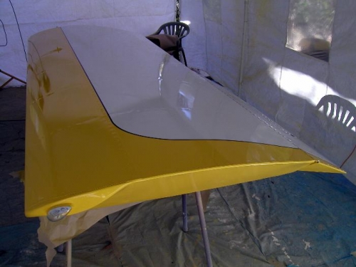 Outboard view with one more coat of yellow, and pin stripe applied