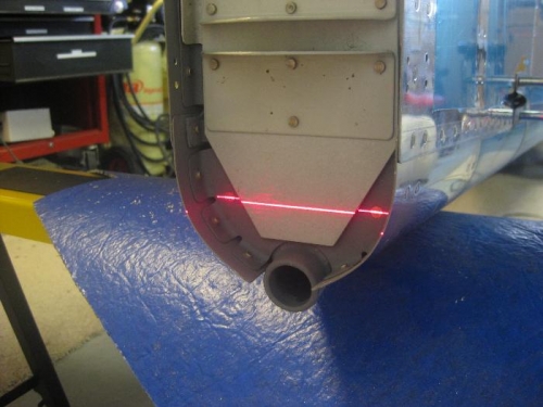 Using the laser level to locate the bottom hole in the vertical stab rear spar