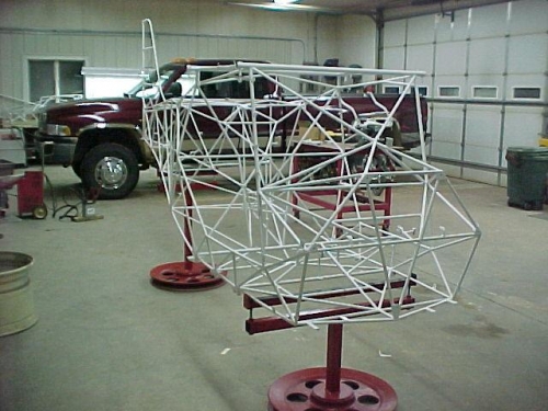 Fuselage after powder coating on stands