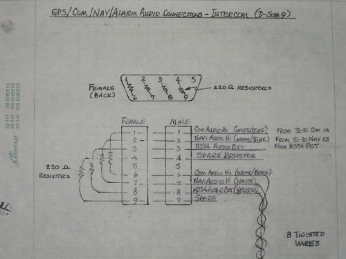 D-Sub9 wiring of resistors to Com, Nav, & HS34 audio for input to the intercom.