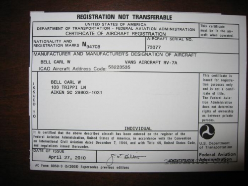 FAA came through today with my registration