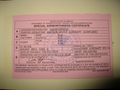 Special Airworthiness Certificate