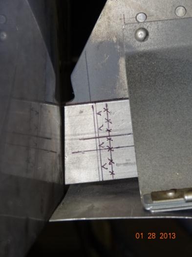 The aft side of the right rear spar after marking new reference lines