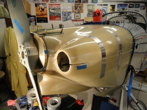 The top and bottom cowling clamped and taped in place