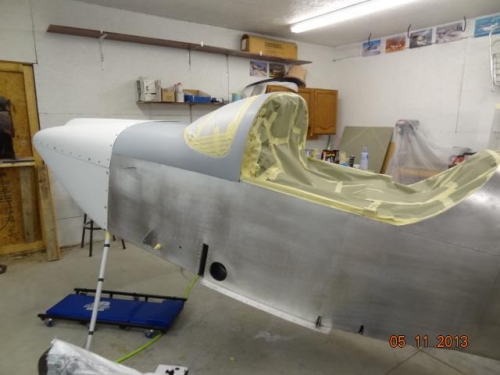 The fuselage with the cockpit masked off and the cowling attached