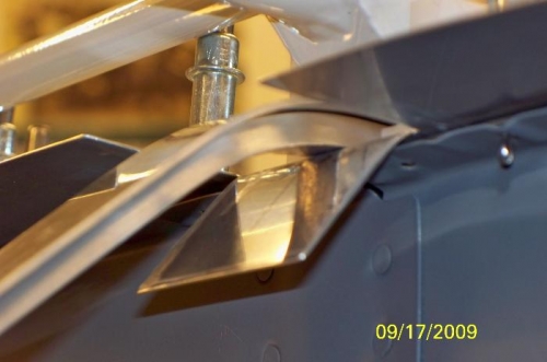 Close-up of the bent tab on the aft top skin for the canopy rail