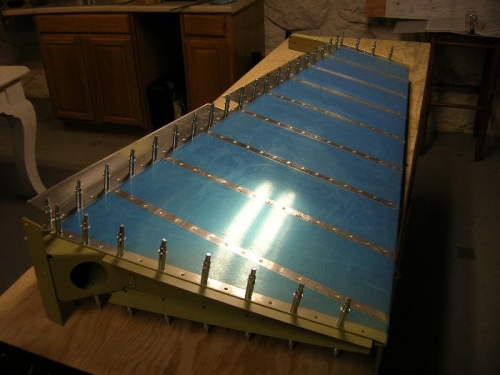 Rudder skin cleco'd in place