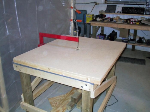 The dimpling platform rests on my small work table and is built from 2x4s and 3/4