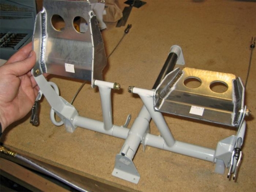 Initial assembly of the flight-adjustable rudder pedal assembly.