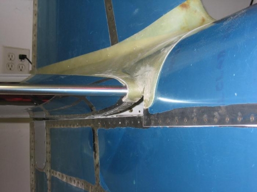 Horizontal to vertical stab fairing right leading edge reglassed