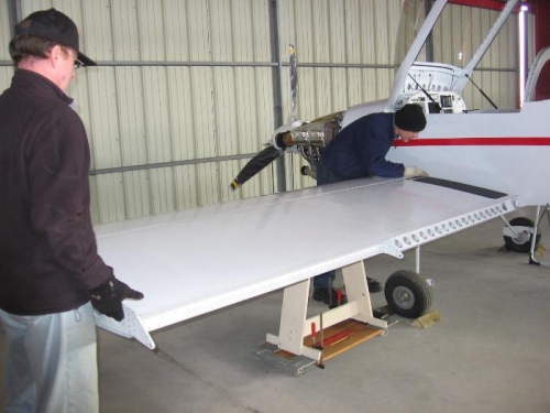 Arrived at the hangar, wing attachment starting