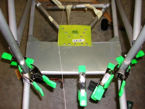 Rudder heel plate and nose gear knuckle, looking forward