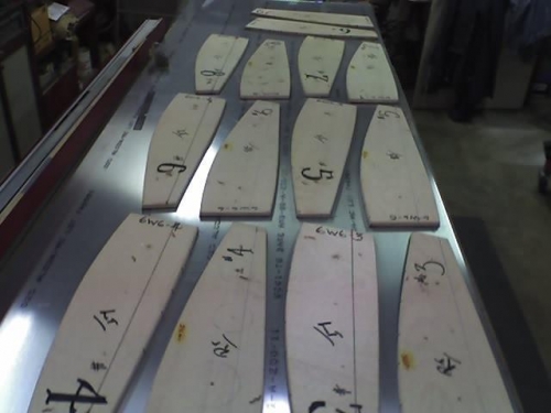 All other Wing Rib Forms layed-out - spaced out -  screwed down on .025 ready for marking and cut out.