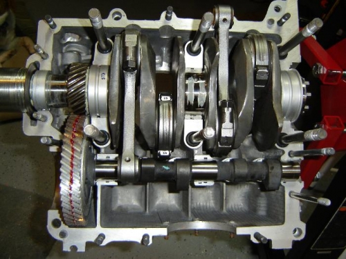 All bearings in place and crankshaft, lifters and camshaft installed.