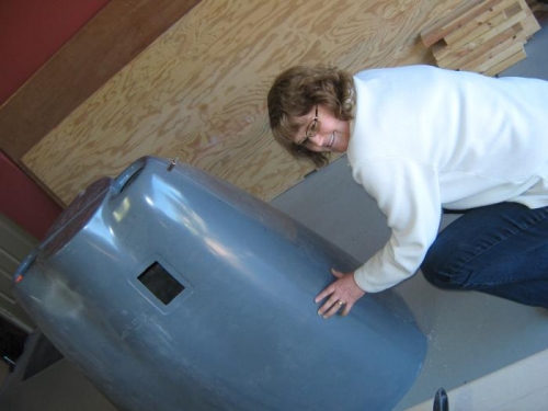 Sheryl helping with the joining of the top and bottom cowls.