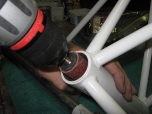 Removing paint so front gear leg fits in mounting tube.