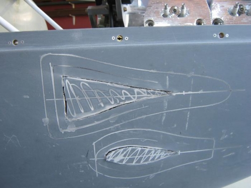 Duct flanges marked on the cowl - with my first cut 1/2