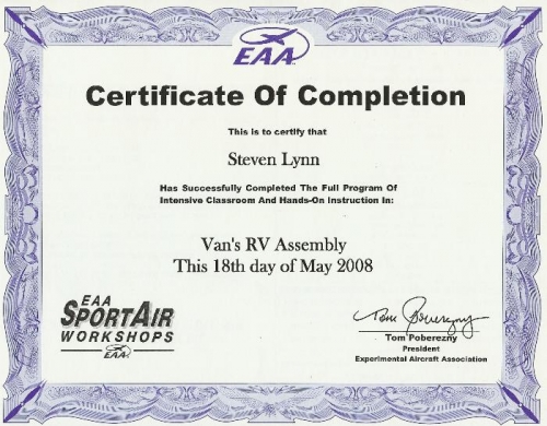 RV Builder's Class Certificate