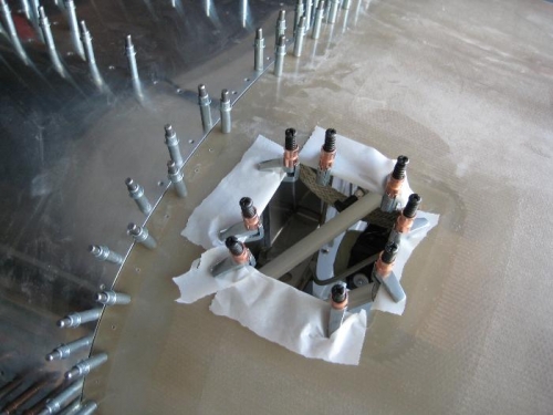 Flange epoxied in place w/parchment paper to keep cleco clamps from sticking