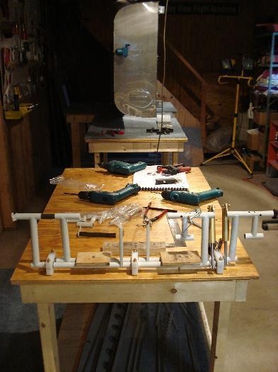 Rudder pedals clamped to bench.