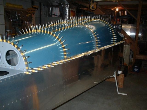 Aft top skins clecoed to fuselage - ready to be riveted