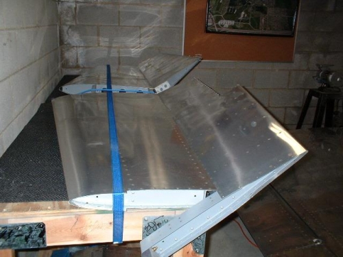 Horizontal stabilizer strapped to bench with elevators installed